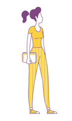 Lady in yellow apparel semi flat color vector character. Standing figure. Full body person on white. Girl with tablet simple cartoon style illustration for web graphic design and animation