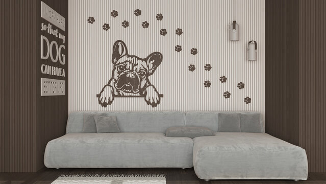 Modern living room in dark wooden tones, velvet sofa with pillows, panel in the background with french bulldog image, carpet, parquet floor. Pendant lamp, paws. Interior design idea