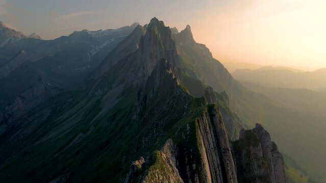 Schaeffler mountain ridge swiss Alpstein, Appenzell Switzerland, a steep ridge of the majestic Schaeffler peak, Switzerland. 