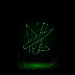 A large green outline school supplies symbol on the center. Green Neon style. Neon color with shiny stars. Vector illustration on black background