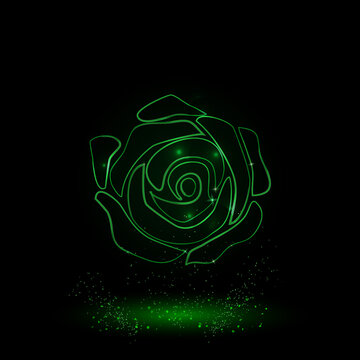 A large green outline rose on the center. Green Neon style. Neon color with shiny stars. Vector illustration on black background