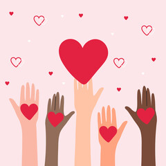 Many hands with hearts. Charity and donation concept concept. Non-profit organizations and humanitarian aid visualization.