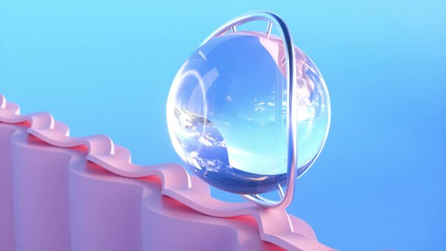 Looped glass ball with metal ring rotating on curved surface. Satisfying 3d video