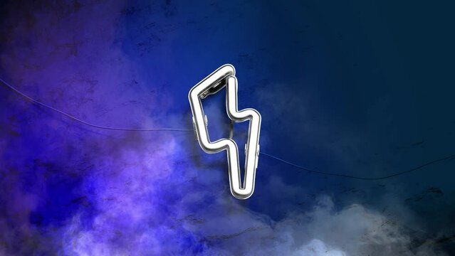 Neon blue lightning sign illuminated dark marble wall, looped switch