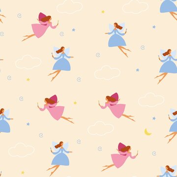 Fairy seamless pattern, beige background, cute characters, flat style. Woman with wings and magic wand. Characters fly in the clouds