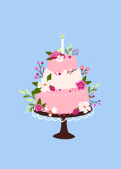 Cute festive wedding cake on a cake stand hand drawn in doodle style. Funny decorative birthday card with blue background and tasty pastry