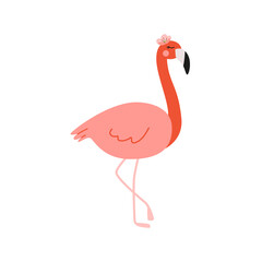 Cute baby flamingo standing isolated on white background. Cute and funny kids vector illustration hand drawn in doodle style