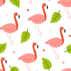 Seamless tropical pattern with cute baby flamingo and leaves. Vector illustration with hand drawn elements in doodle style for kids textile, wrapping paper