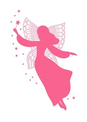Silhouette of cute elegant fairy, person with magic wand. Pink on white. 