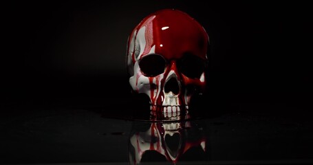 Blood stained skull with light effects closeup footage