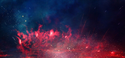 abstract black, red and gold glitter background with fireworks