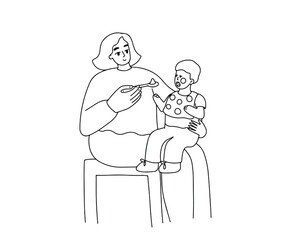 A young mother feeds her baby with a spoon. Simple outline drawing, illustration of baby feeding, baby care