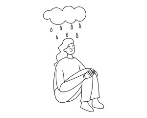 A sad girl is sitting under a cloud. Depression, apathy, sad mood. Drawing with a line