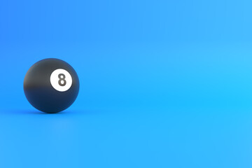 Billiard ball number eight black color on blue background. Realistic glossy snooker ball. 3D rendering 3D illustration