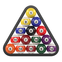 Group of colorful glossy pool game balls with numbers inside billiards triangle isolated on white background. Set of pool-balls. 3D rendering 3D illustration