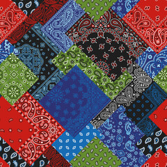 Diagonal paisley bandana fabric patchwork abstract vector seamless pattern