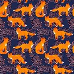 Pattern with floral elements for textiles. Seamless ornament with forest animals. Pattern with cute foxes for children's fabrics, wallpapers, wrapping paper.