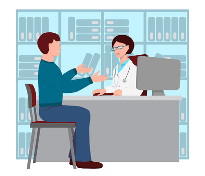 Female doctor is sitting at a table. Man is sitting on a chair. Guy at a doctor's appointment. Doctor talking to patient. Folders with documents in the background. Flat vector cartoon illustration