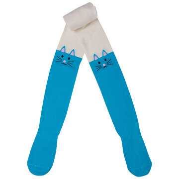 cyan children's tights with a pattern, half twisted, on a white background
