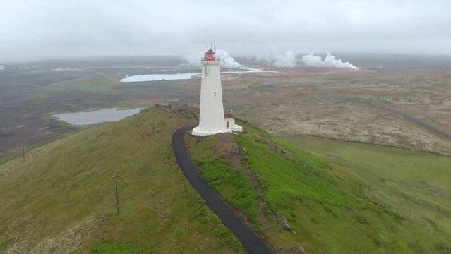 Aerial Drone Flying above Reykjanesviti Lighthouse In Reykjanes Peninsula In Iceland
