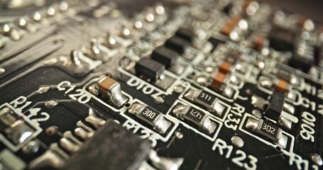 Circuit board macro with probe lens closeup