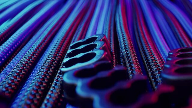 Computer modding power cable management system close up shots braided wires black and blue colors. High quality 4k footage