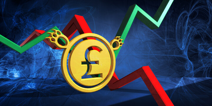 3d illustration of gbp currency icon. british pound trading stock chart on abstract blue background. bullish market trend