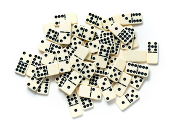 Double Nine 9 Dominoes game. Domino tiles are white color with black dots isolated against a white...