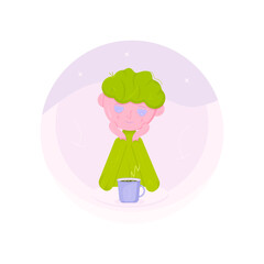 Vector colorful sad boy, man sitting with a cup of coffee or tea, hot beverage, located on late evening or night background with a sky covered by stars. Sitting male with hands putting over his face.