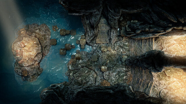 A combat adventure map for the board game dungeons and Dragons, D&D, with a pirate cave filled with water bones and treasures, it is rocky and lifeless and obviously dangerous. 3d rendering