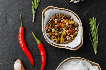 Flat lay composition with chili peppers and spices