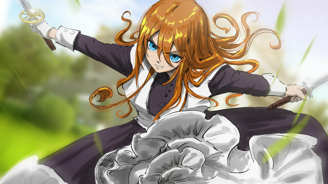 A sweet and ominously adventurous red-haired maid with blue eyes in a traditional dress smiles playfully making a double dissecting blow with her katanas landing on green grass estate. 2d sketch art