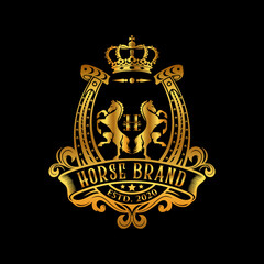 Golden Horse Crest or Emblem Logo. Heraldic logo template. Luxury design concept.