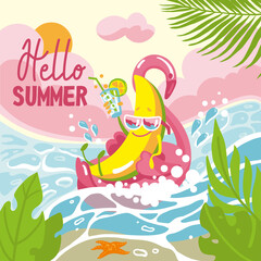 Obraz na płótnie Canvas Cheerful banana in sunglasses floats in the sea. Summer party. Hello summer. Vector illustration.