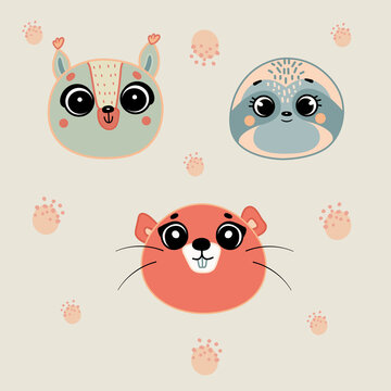 Illustration of cute hand drawn decorative colored animal vector set. Cute sloth, otter and squirrel character with abstract spots, cute style illustration. T-shirt design idea.