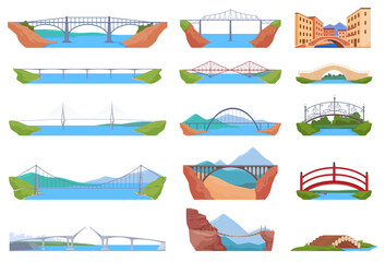 Set of illustrations of bridges of different types. Cross the river, abyss, water. Vector illustration - obrazy, fototapety, plakaty