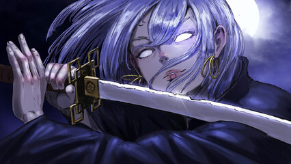 Obraz premium A beautiful samurai girl in anime style stands with a katana in her hands and smiles ominously against full moon, her eyes are white and one sparkles, highlighting the jagged blade of the sword 2d art
