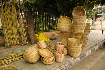 A Collection of Handmade bamboo baskets in different shapes and sizes which are widely used in agricultural farms in India.
