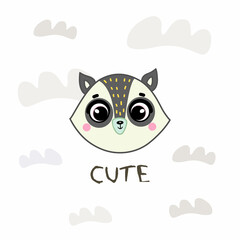 Cute hand drawn decorative color vector illustration. Cute raccoon character with clouds and cute inscription. T-shirt design idea.