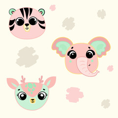 Illustration of cute hand drawn decorative colored animal vector set. Cute tiger, elephant and deer character  with abstract spots, cute style illustration. T-shirt design idea.