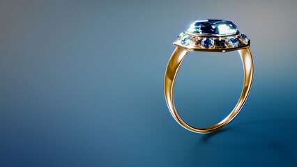 golden wedding ring with blue diamond or topaz with empty space, fictional design - abstract 3D illustration