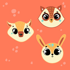 Illustration of cute hand drawn decorative colored animal vector set. Cute wolf, raccoon and bunny character with abstract spots, cute style illustration. T-shirt design idea.