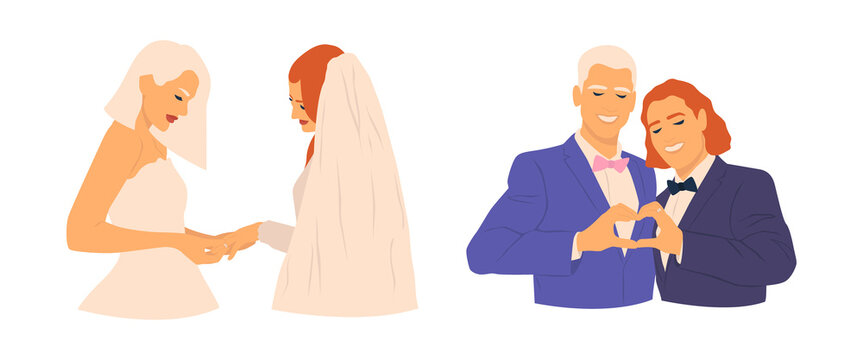 Silhouette Of Smiling Lesbians Couple Wearing Wedding Rings And Gay Couple Making Heart On Wedding Day. Happy Same Sex Spouses Celebrating Marriage. LGBT Rights. Hand Drawn Flat Vector Illustration.