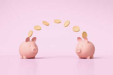 Two piggy banks and gold coins on a pink background. 3d render illustration.