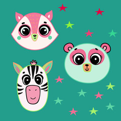 Illustration of cute hand drawn decorative colored animal vector set. Cute raccoon, teddy bear and zebra character with beautiful stars, cute style illustration. T-shirt design idea.
