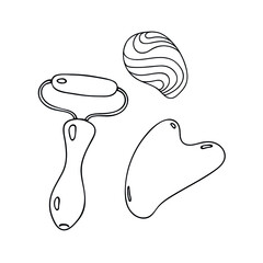 Cosmetic massagers made of stone and quartz, gua sha massager. Cozy relaxing spa home. Vector isolated black line logo.