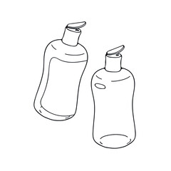 Cosmetic bottles with plastic lids. Bath procedures and hygiene. Cozy relaxing spa home. Vector isolated black line logo. 