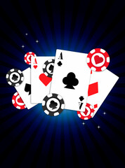 Casino banner, with poker cards and chips. On a blue background