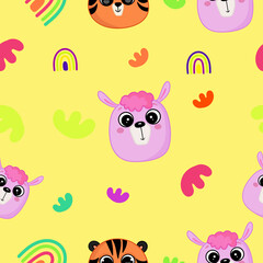 Seamless childish pattern Cute baby animals and rainbow clouds Creative night style for kids tender, childish texture for wrapping fabric textile wallpaper clothing background Baby pajamas Vector.