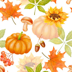 Allover seamless watercolor pattern with autumn leaves, pumpkins, mushrooms and acorns. Fall endless background